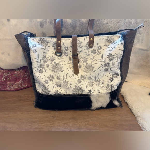Myra Bag Handbags - Myra Bag Floral Canvas & Leather Tote with Cowhide accent